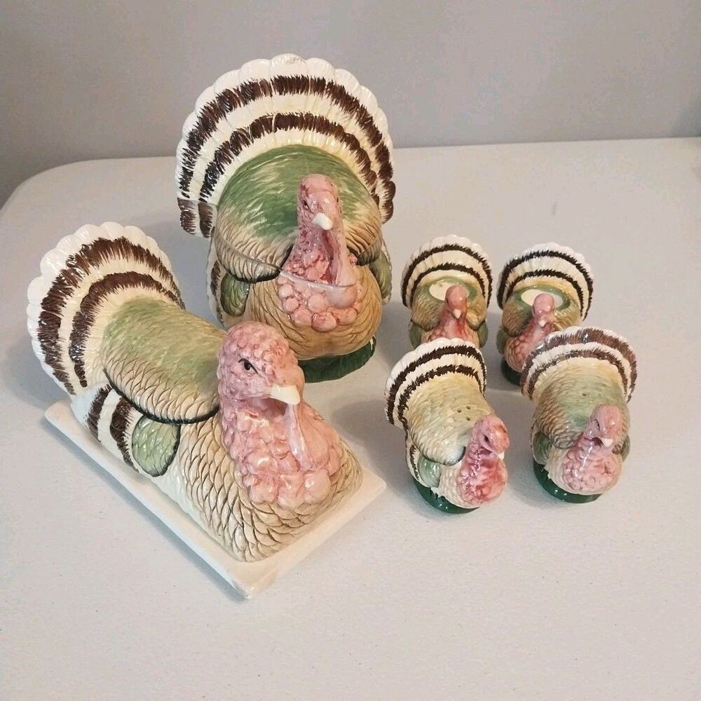 Vintage Brinn's Turkey Ceramic Set Butter Dish Gravy Boat S&P Candleholders